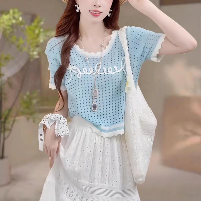 韩系设计感撞色镂空字母针织短袖女夏季新款时尚洋气减龄百搭上衣