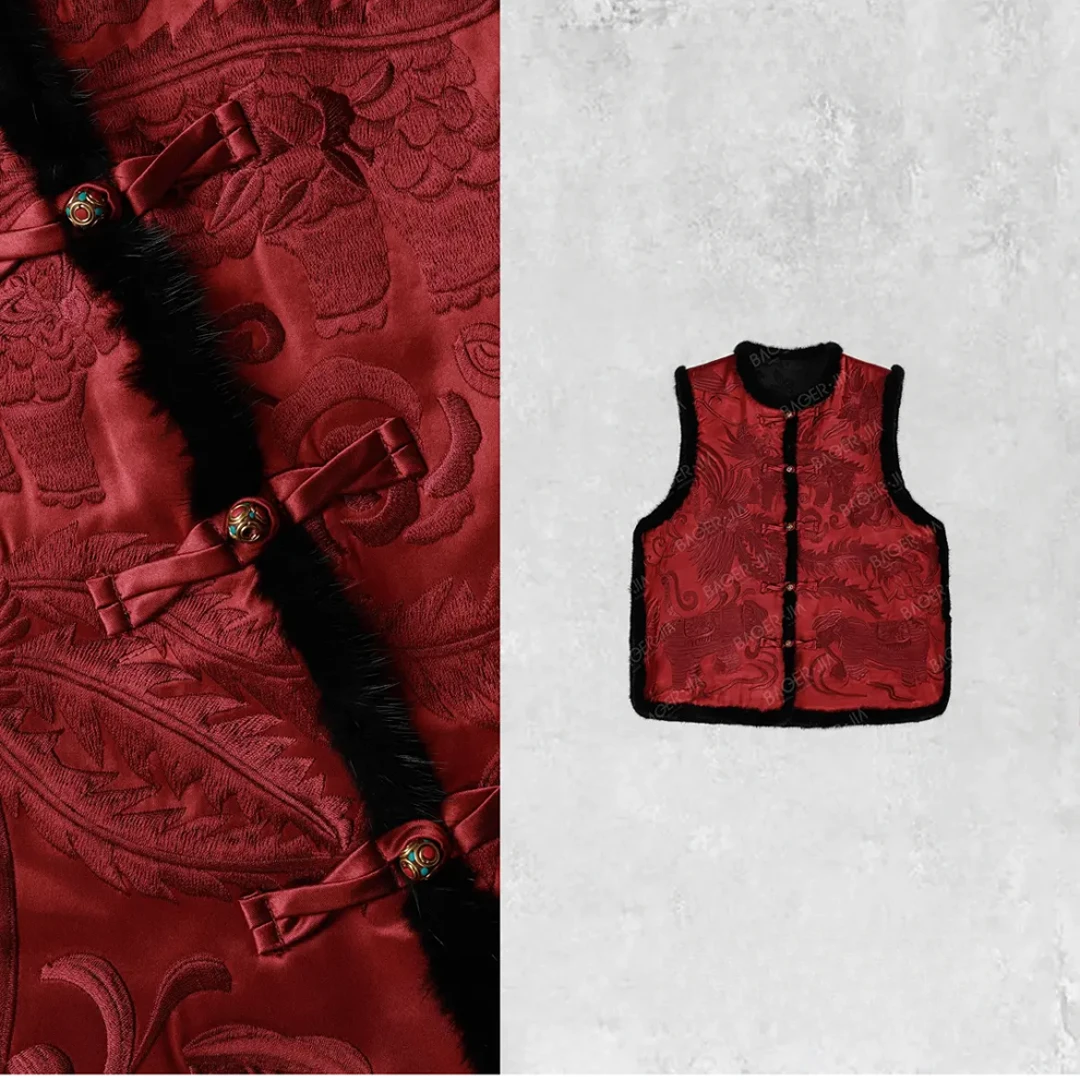 【福晋】复古国风吉象如意凤凰重工刺绣水貂毛加绒加厚双面穿马甲女