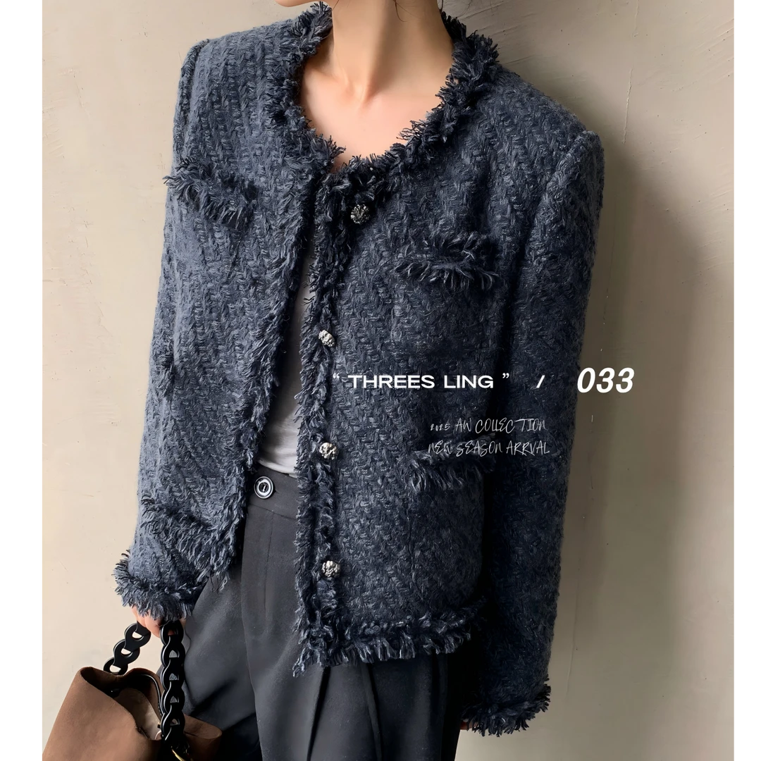 鑫燃KIKI 50羊毛90绒复古气质粗花小香风单排扣羽绒外套 D418 033