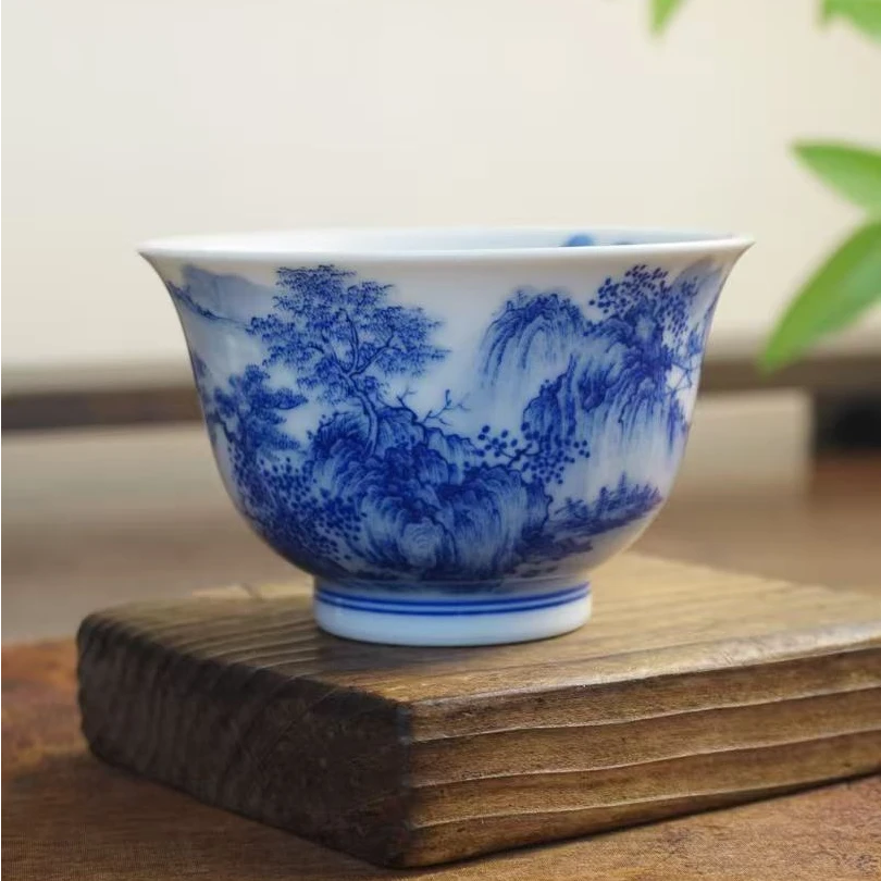 溪山堂纯手工手绘仿北宋山水青花压手杯景德镇柴窑山水主人杯