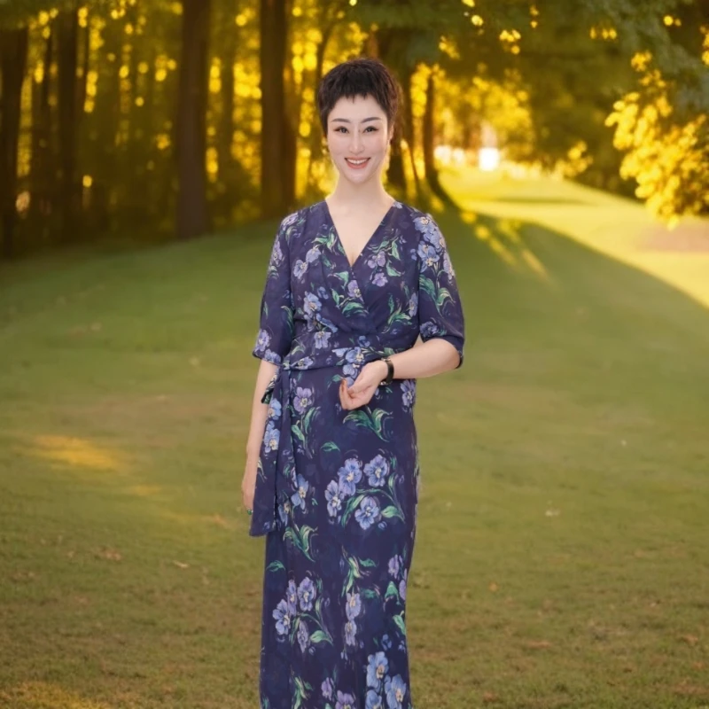 星云里微胖服饰｜紫花绑带｜微胖斜裁法式印花连衣裙