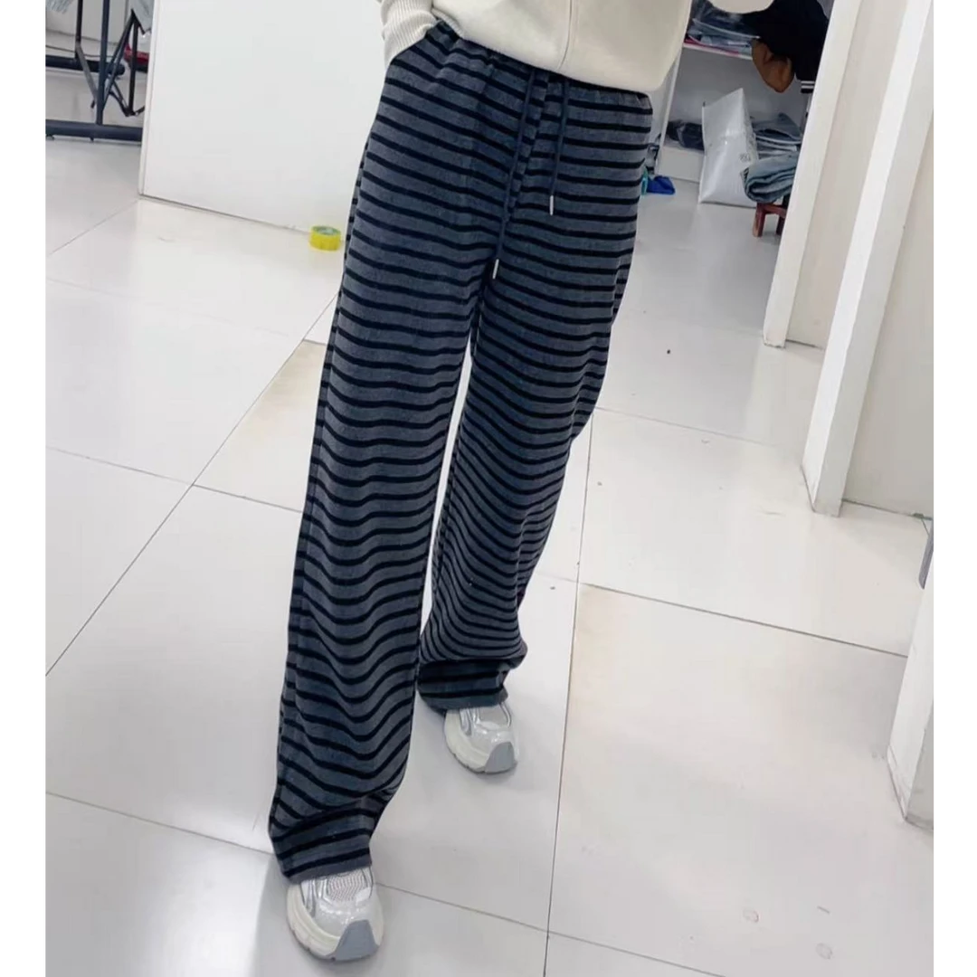 小景推荐休闲时尚百搭条纹直筒裤-001显瘦阔腿裤宽松长裤秋冬针织