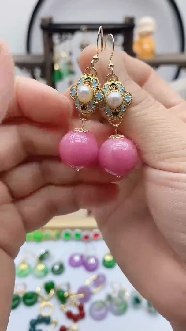 14K金镶嵌菱锰矿（红纹石）耳饰55