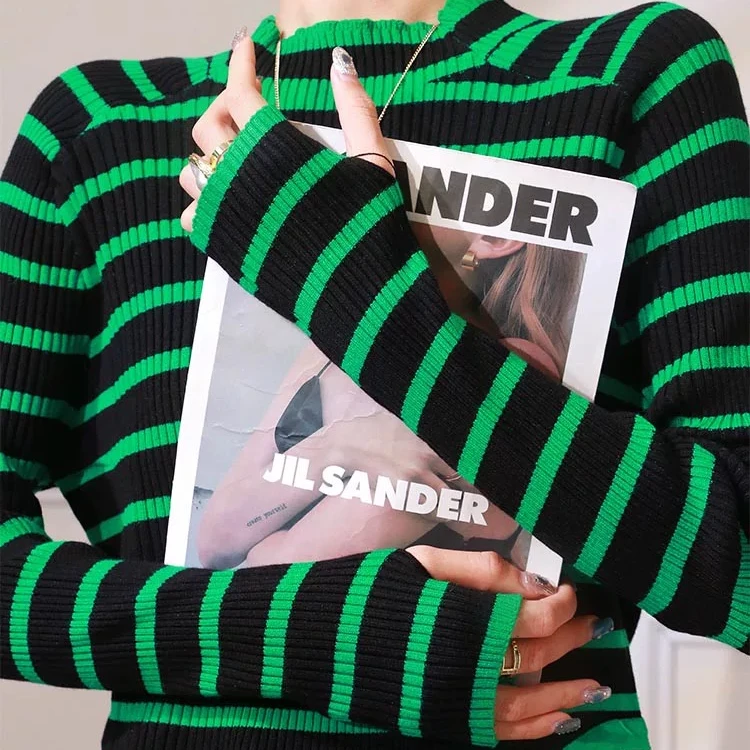 韩版高级条纹文艺百搭针织衫2024新款绿色时尚洋气长袖打底衫