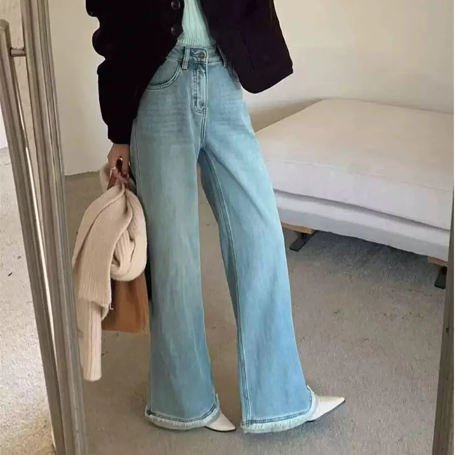 美式复古水洗蓝高腰阔腿撞色毛边牛仔裤女春秋新款高腰宽松直筒裤