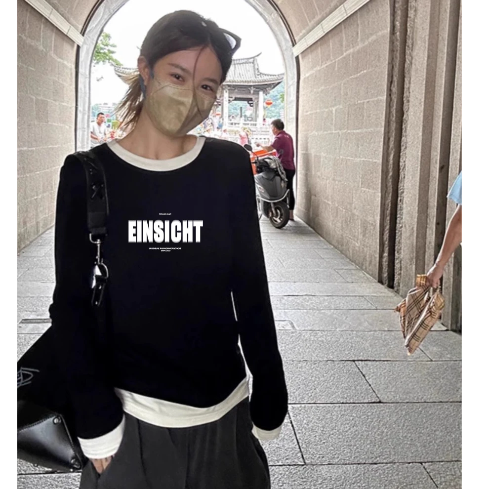 假两件长袖上衣内搭打底衫修身显瘦美式T恤女2025秋季拼接