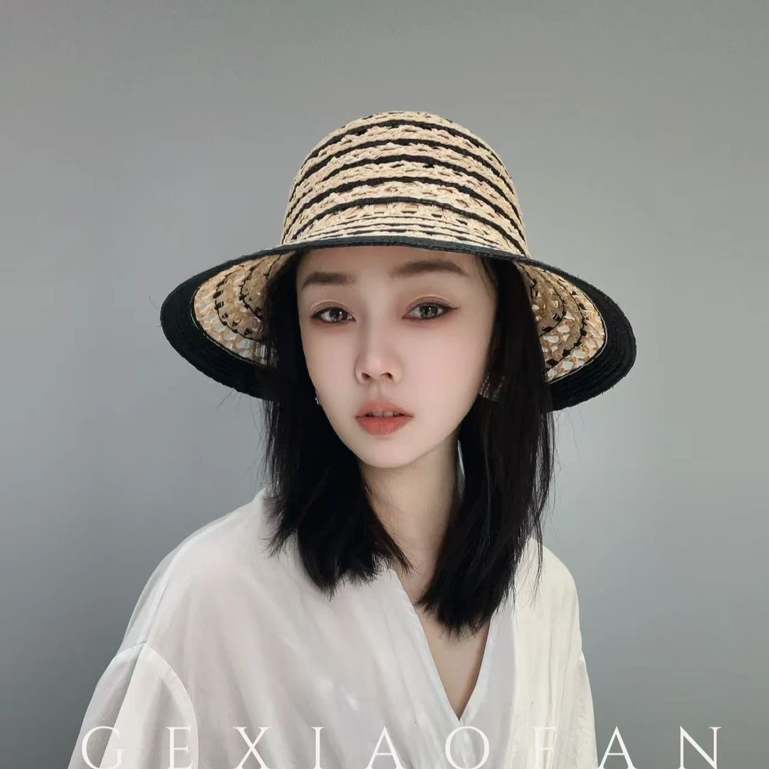 法式夏季出游拉菲草盆帽海边度假草编帽子镂空气质百搭草帽大帽檐