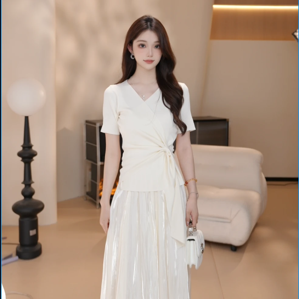 Basic House/百家好CSM拼接修身中长款a字压褶半身裙