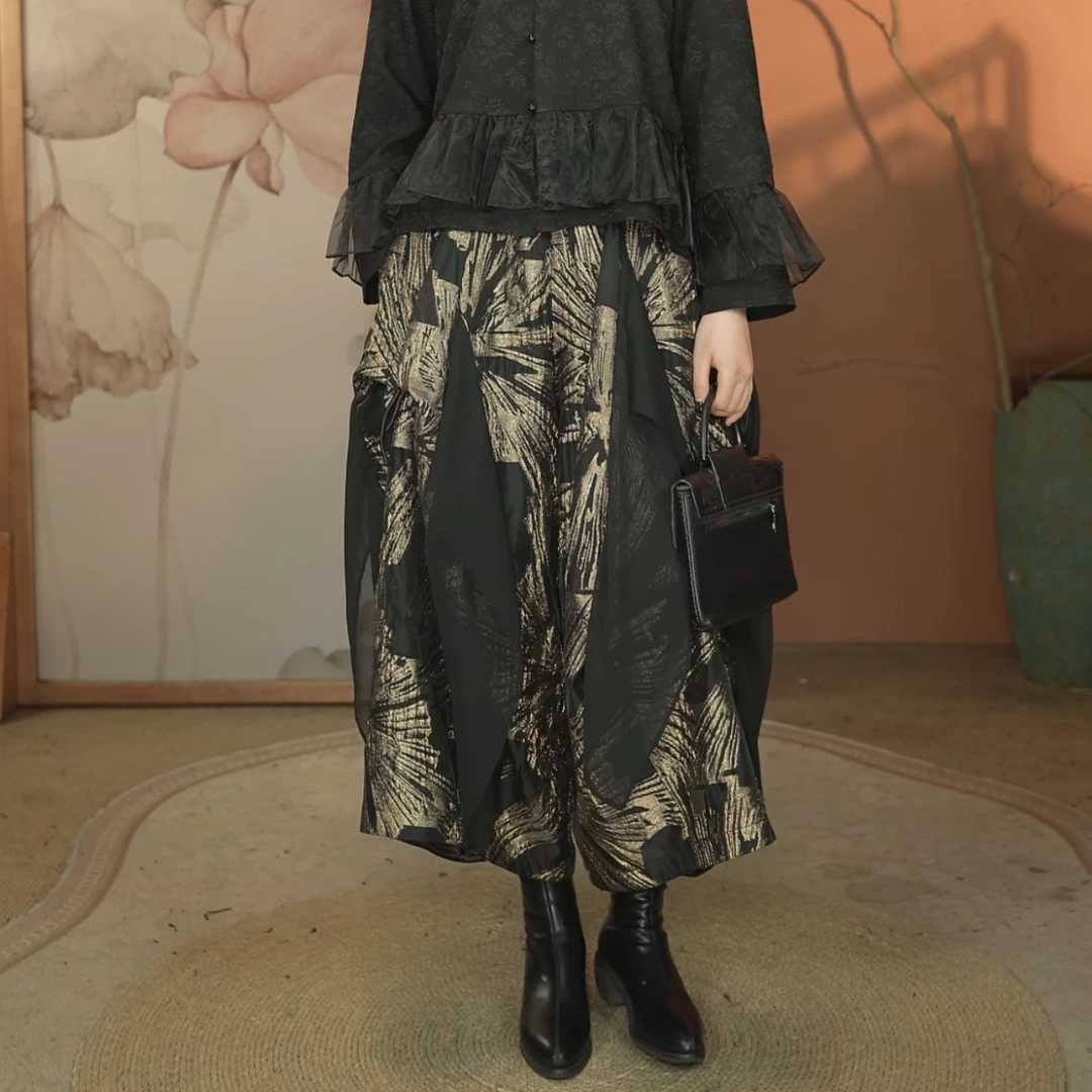 BF32832秋冬加厚刺绣欧根纱金咖阔腿裤