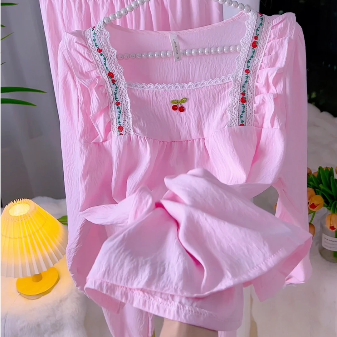 春秋长裤花边家居服套装长袖透气秋季女秋季睡衣  雅