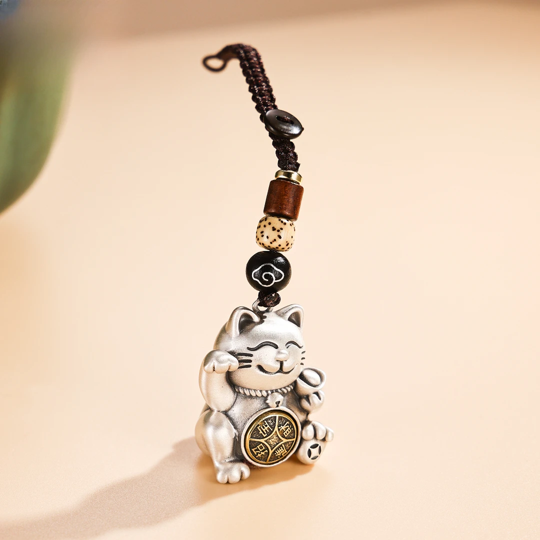 银都 足银木质银制品 猫猫转动挂件福字吊坠