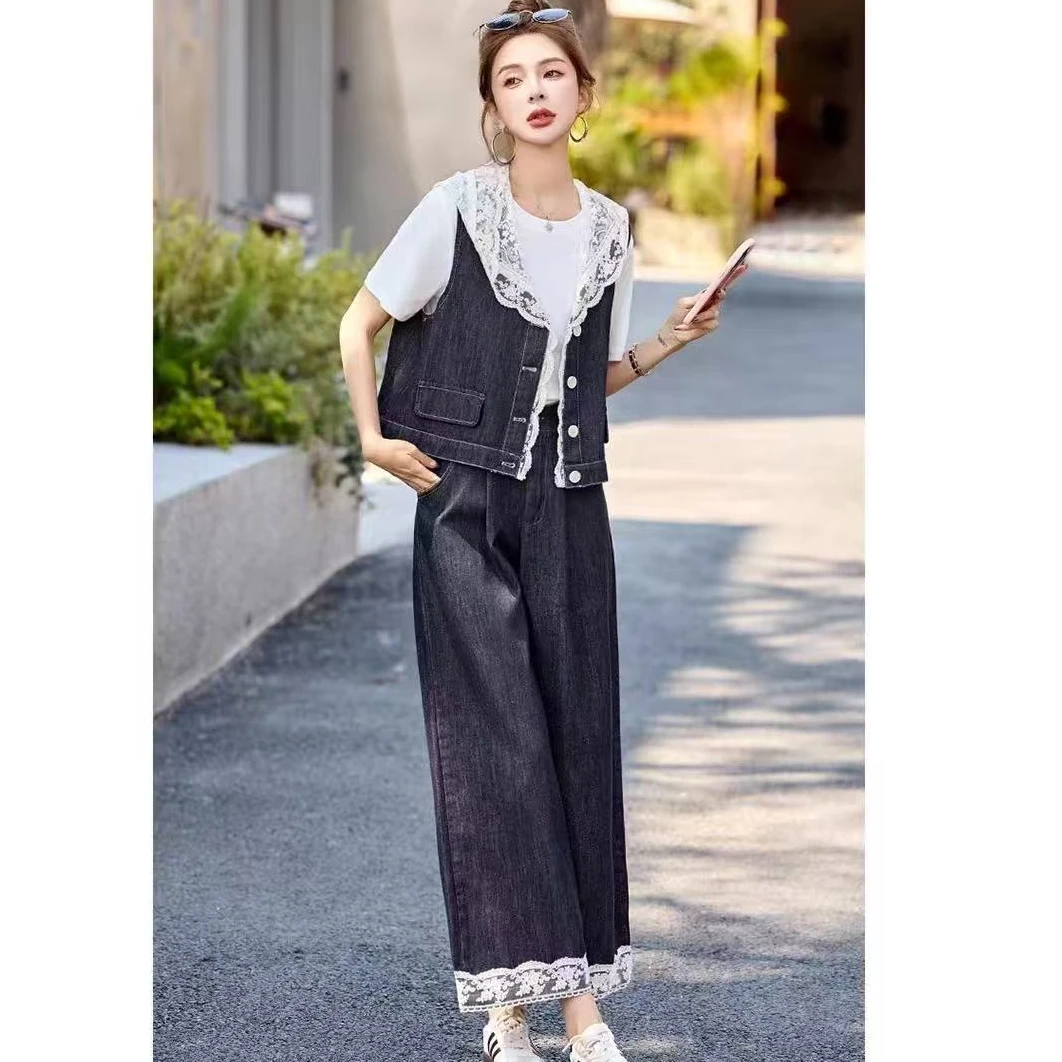 8528休闲时尚蕾丝拼接牛仔套装女夏季新款洋气宽松阔腿裤三件套