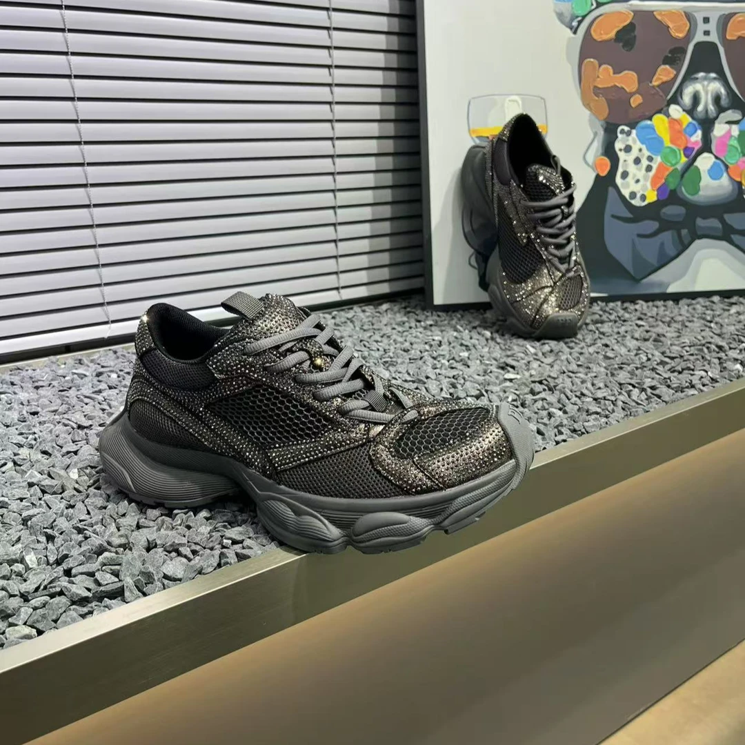 FL-夏季枸杞网面弯刀鞋面镶钻时尚个性男士厚底百搭老爹鞋