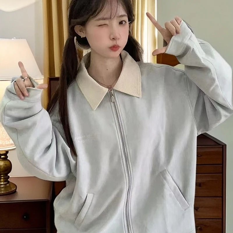 高品质美式复古仿麂皮翻领夹克外套女春秋季新款潮牌百搭宽松上衣