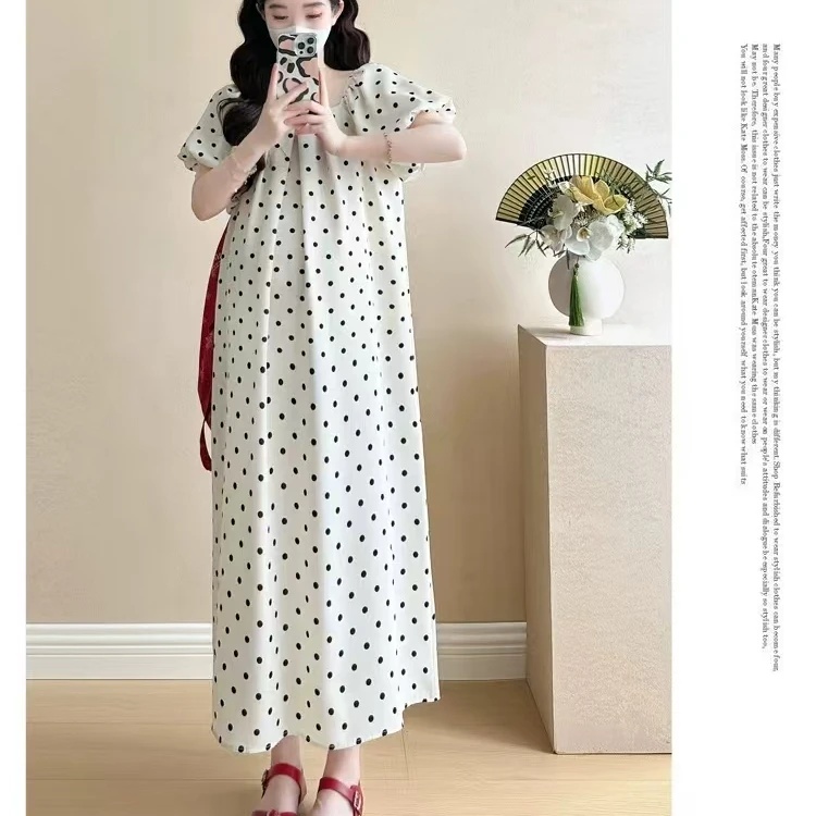 孕妇夏季宽松波点中长连衣裙大码显瘦气质高级感减龄泡泡袖甜美