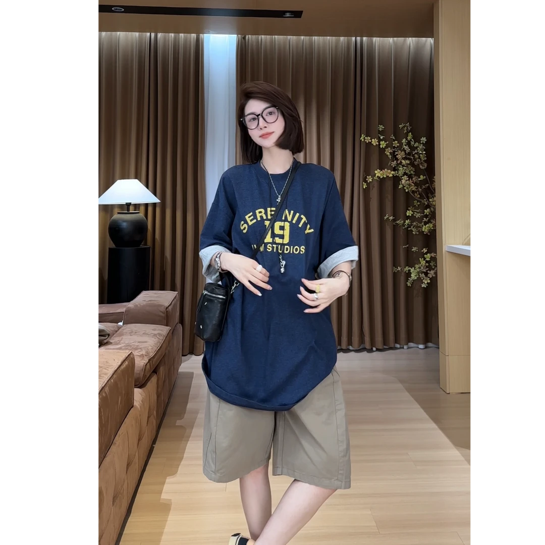 YYOUHAN 2025夏季小众设计极简撞色字母藏青色T恤上衣 2505C2923