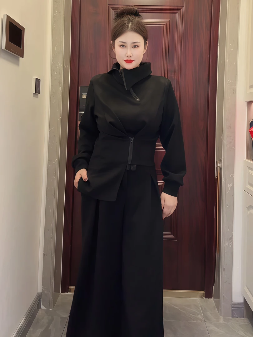 洋小闹【孤城凉梦】显瘦气质长袖网红时尚黑色收腰秋冬轻奢套装