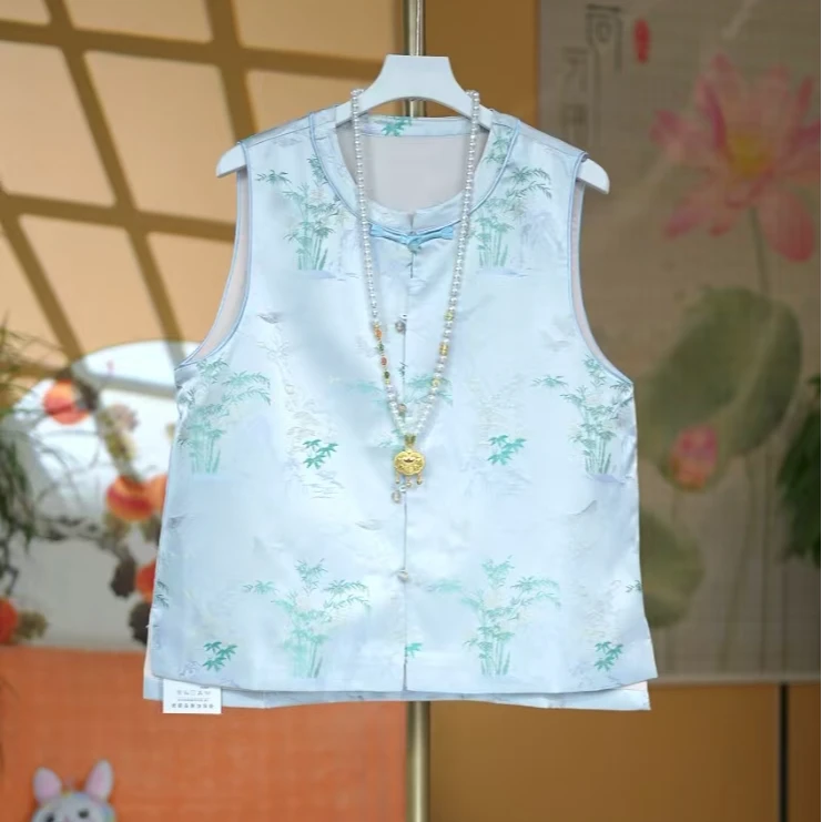 温柔风复古提花盘扣无袖开衫马甲春季国风时髦气质减龄上衣女