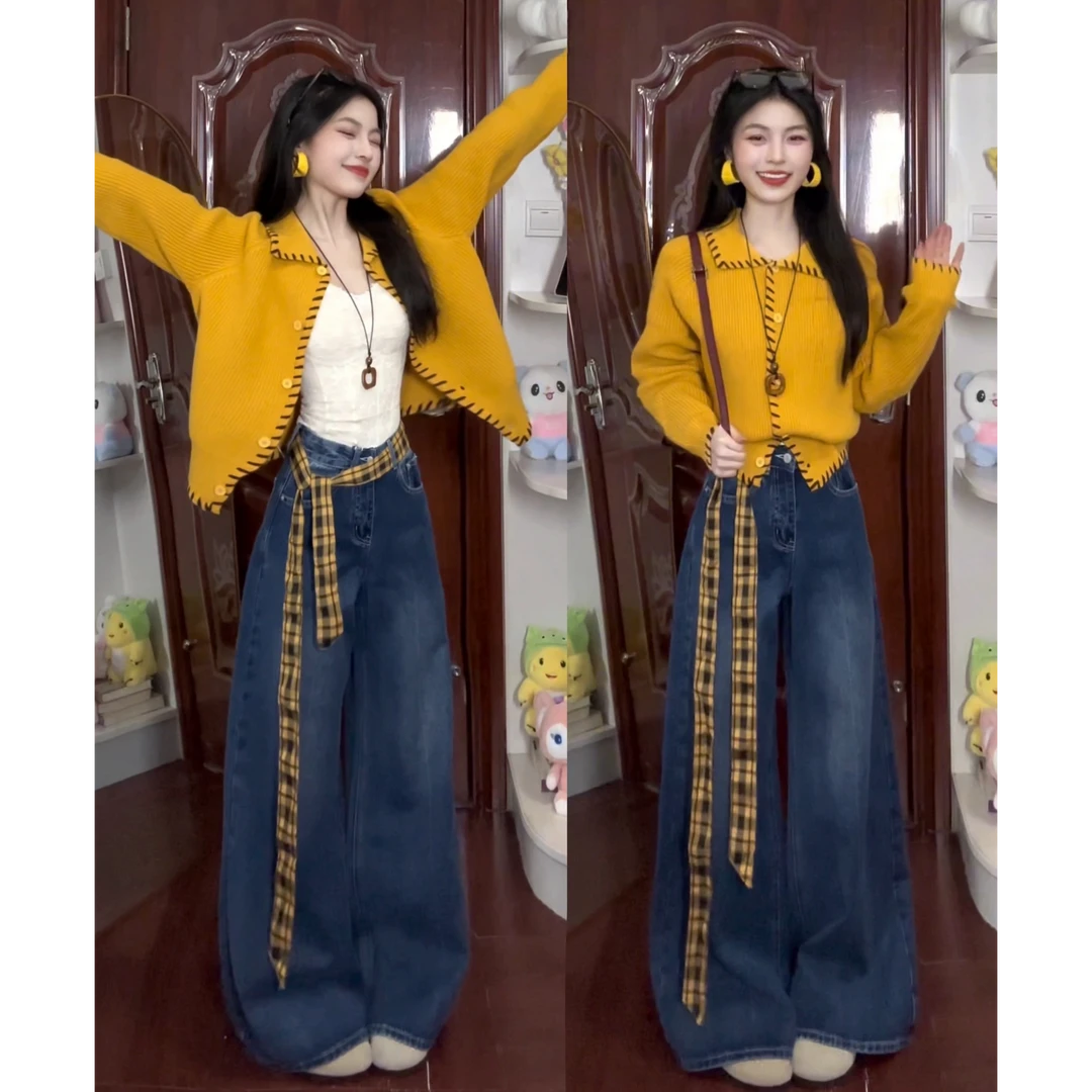 MARIE.COCO韩系多巴胺黄色翻领毛衣女秋冬季慵懒高级感温柔风套装