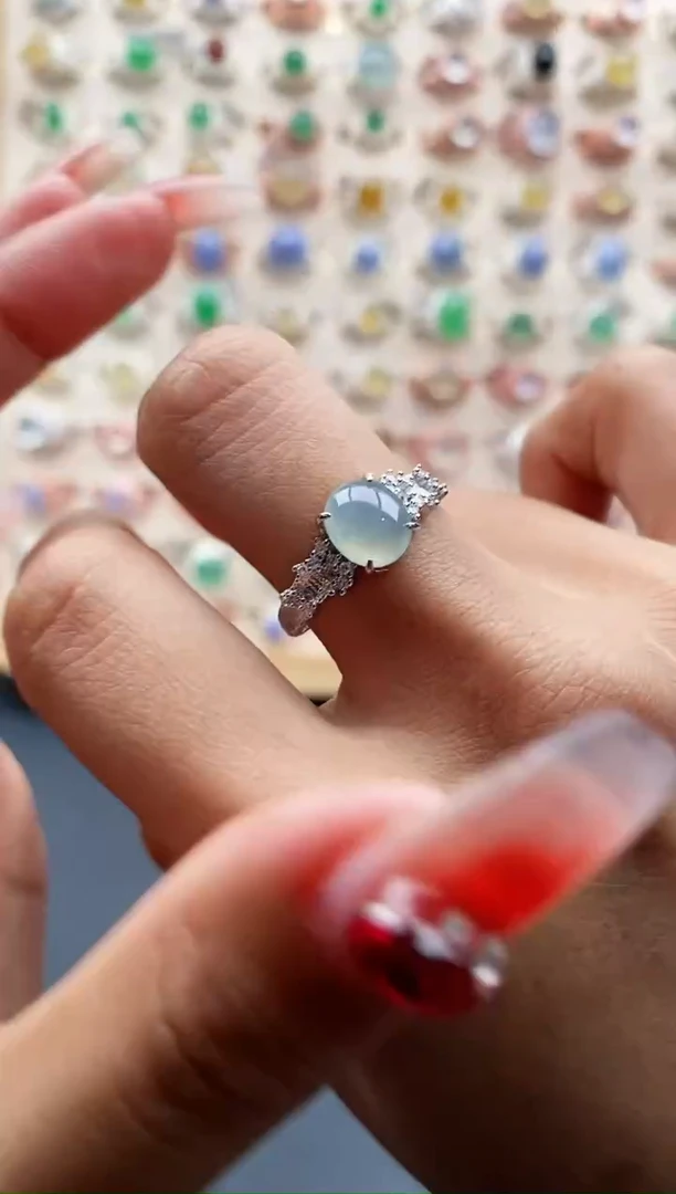 【闪购商品】翡翠戒指银S925镶嵌缅甸天然A货翡翠444 8+10