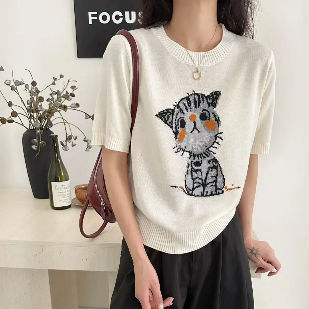 夏季圆领薄款短袖针织衫女2025时尚百搭宽松显瘦纯色简约百搭上衣