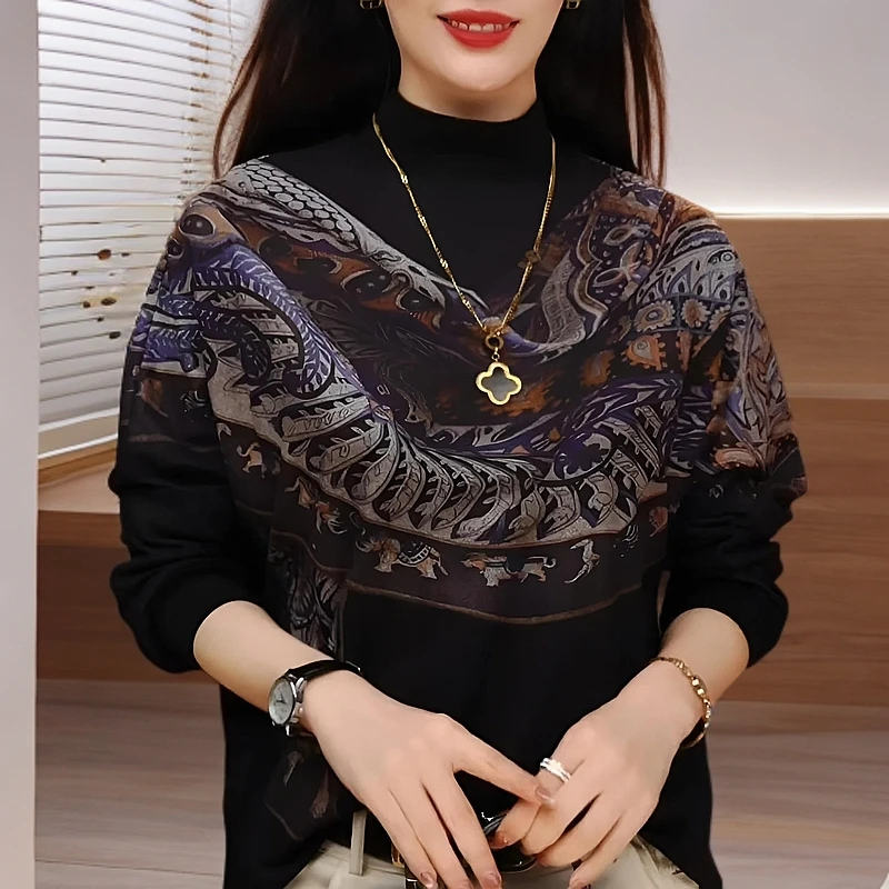 半高领新款显瘦宽松印花休闲长袖百搭打底衫时尚遮肉秋季洋气上衣