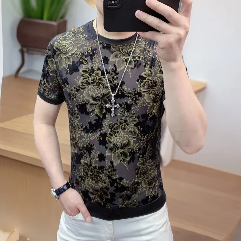 阿凯严选  欧洲站夏季新款男士潮流时尚个性冰丝镂空植绒圆领短袖