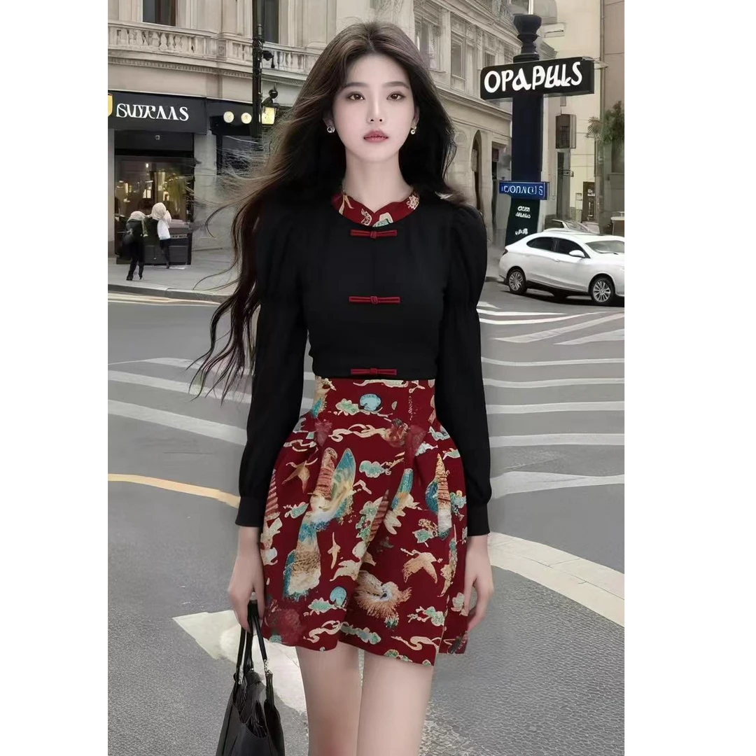 时尚秋季新款拼接撞色长袖两件套印花气质修身服装女圆领收腰显瘦