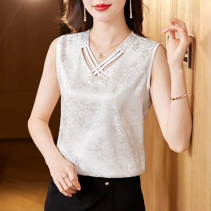 【高品质】提花缎面背心女外穿大码宽松百搭打底衫夏季V领无袖上衣