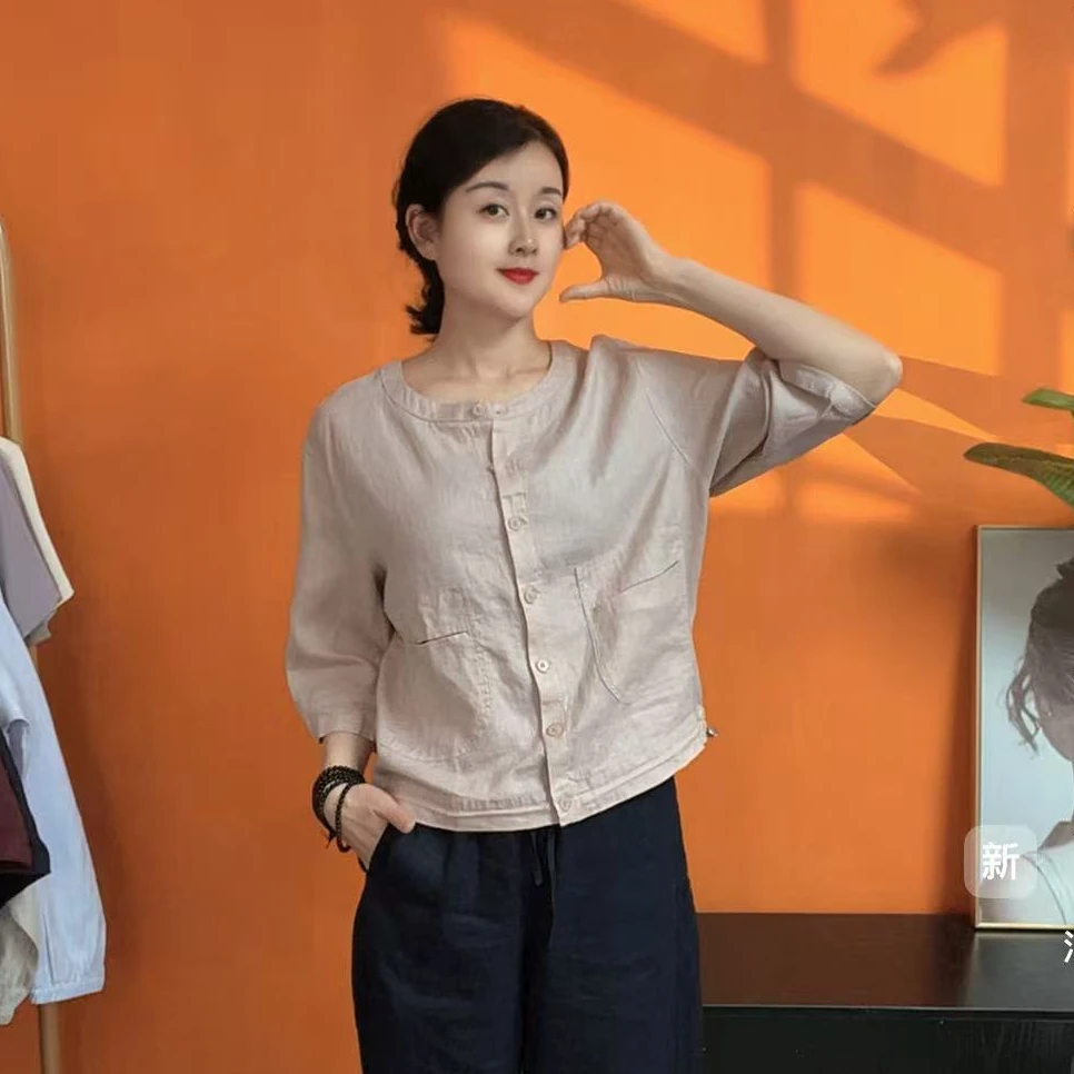 中袖女七分袖宽松型薄款亚麻上衣中老年夏季宽松9259款圆领中国风