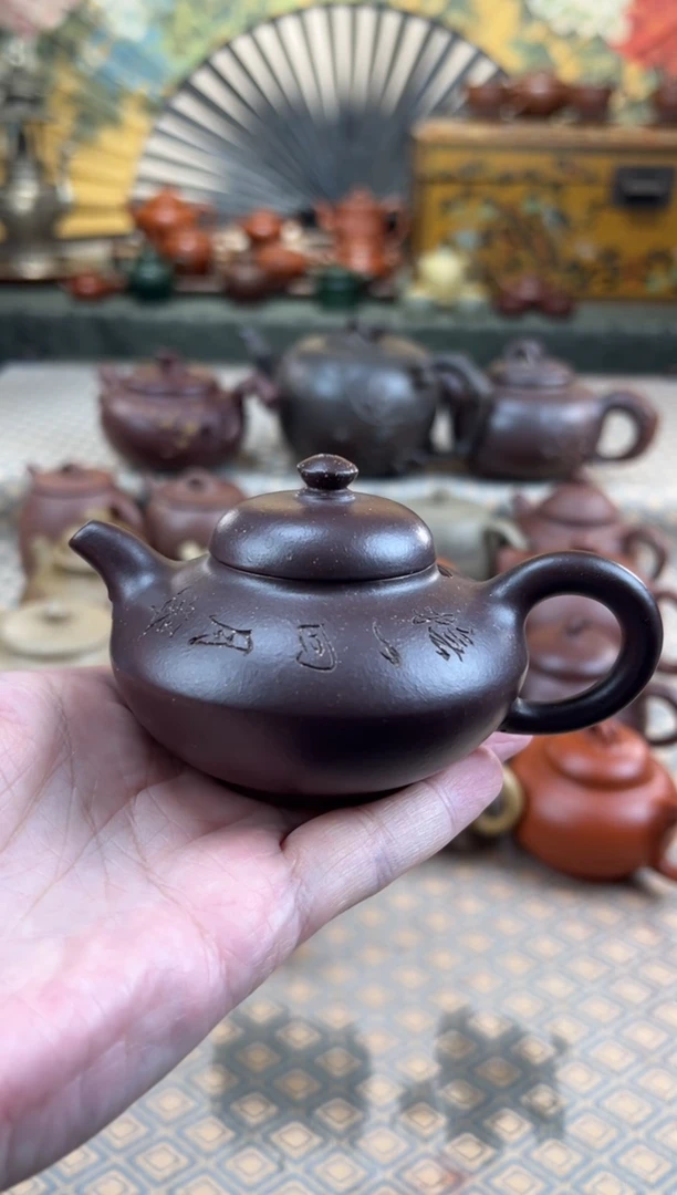 茶壶紫砂老紫拼砂刻绘合欢壶125CC