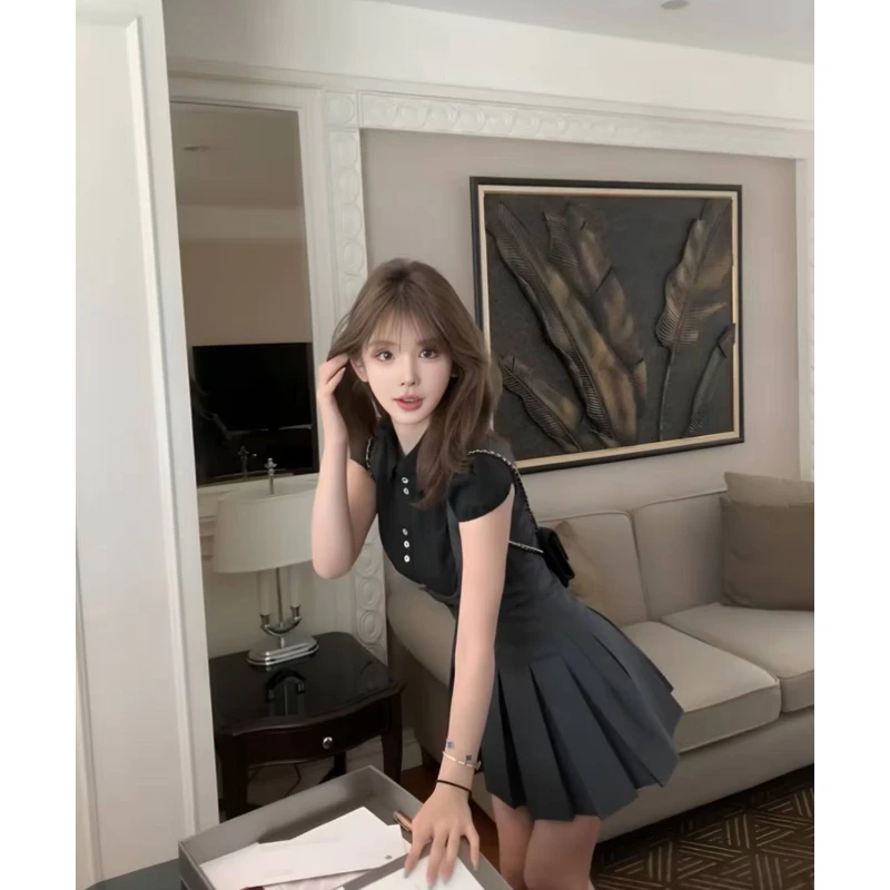 韩系学院风套装女JK制服高级感减龄黑色衬衫灰色背带百褶裙两件套