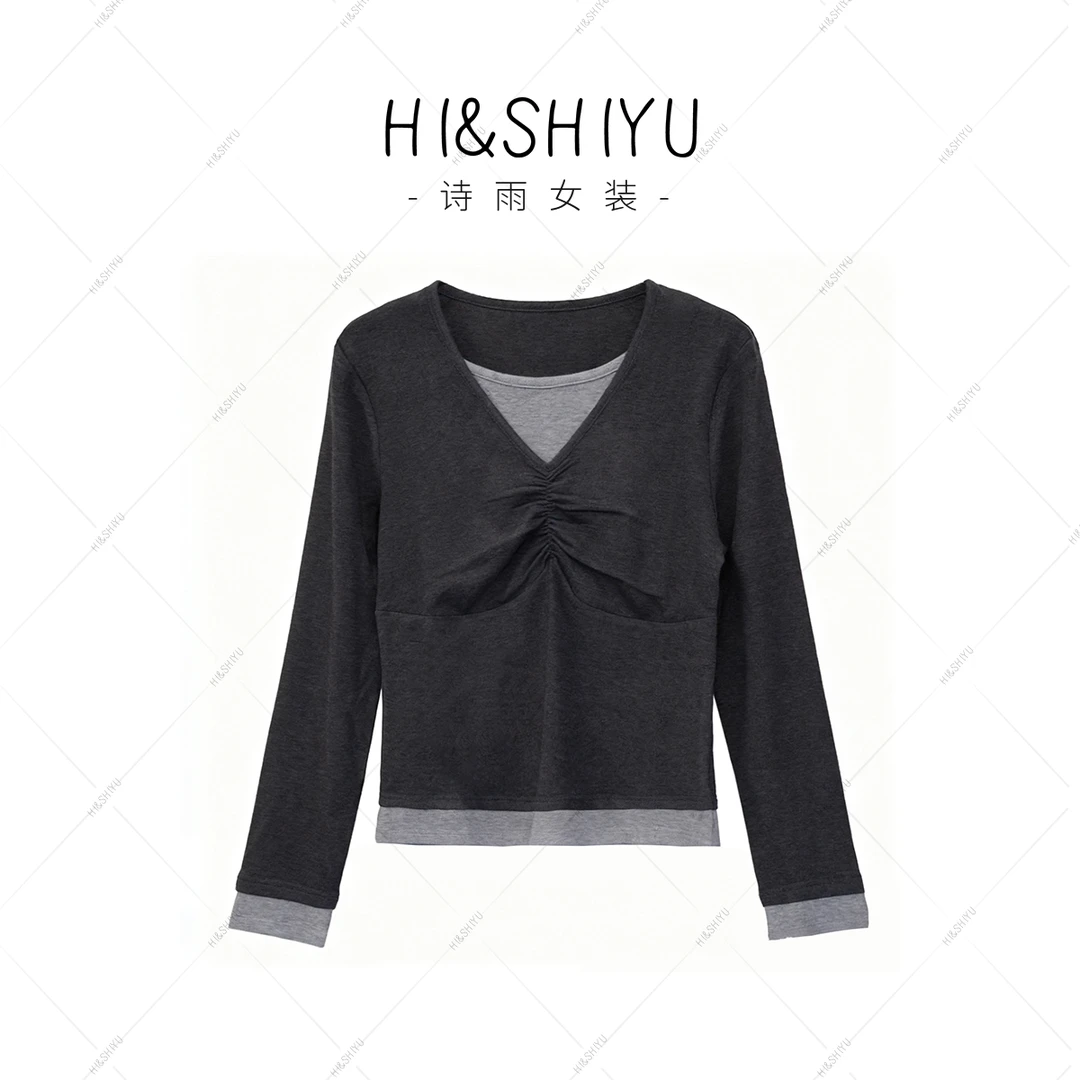 HISHIYU【精致叠穿】2025秋装新款假两件百搭打底上衣YSA4325