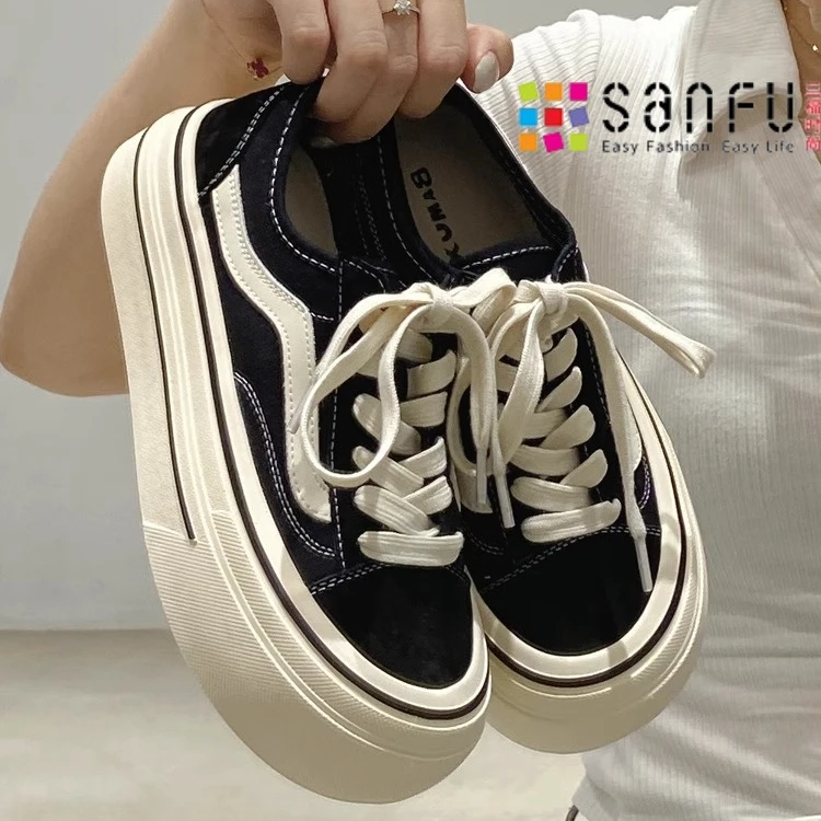 三福小众休闲户外运动板鞋小白鞋高底丑萌大头鞋百搭厚底帆布鞋女