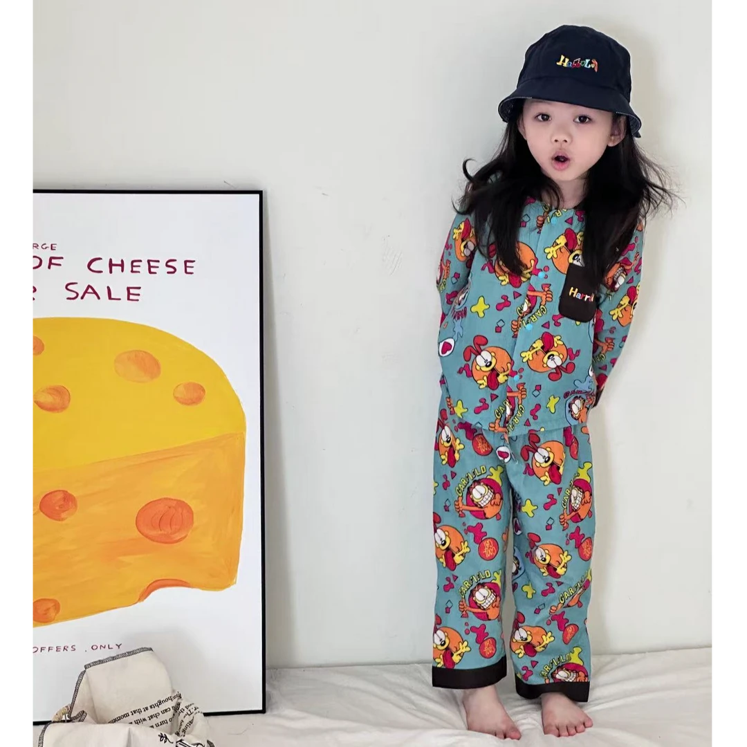 小思家女童2025秋季别致韩版卡通印花长袖上衣休闲裤家居服套装