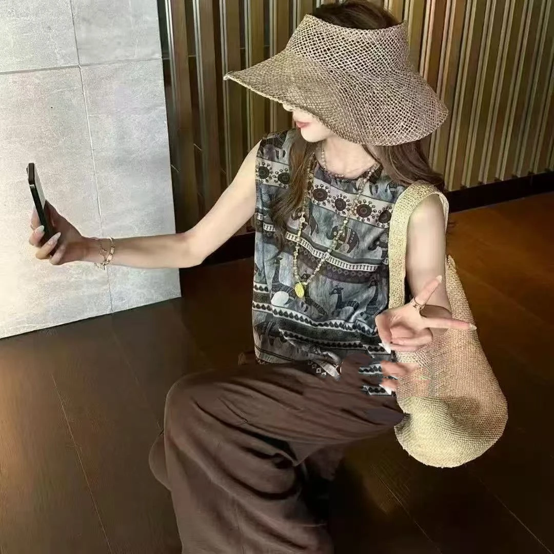 （柚子同款）MZ夏季新款欧货女装圆领宽松印花卡通洋气时尚背心2563