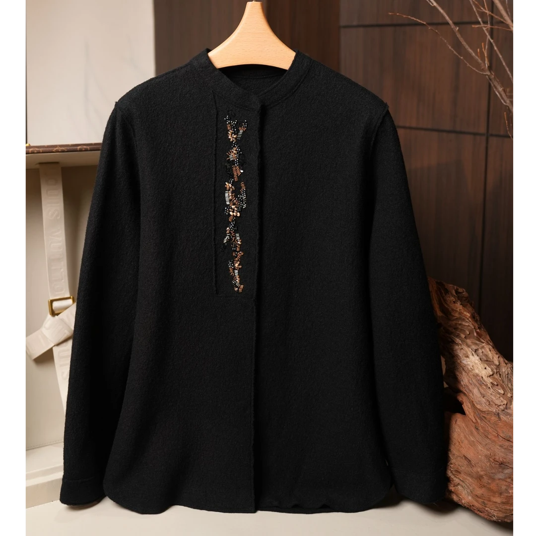 喵喵家 【LP御用面料】早秋休闲时尚宽松版女长袖立领万针刺绣外套