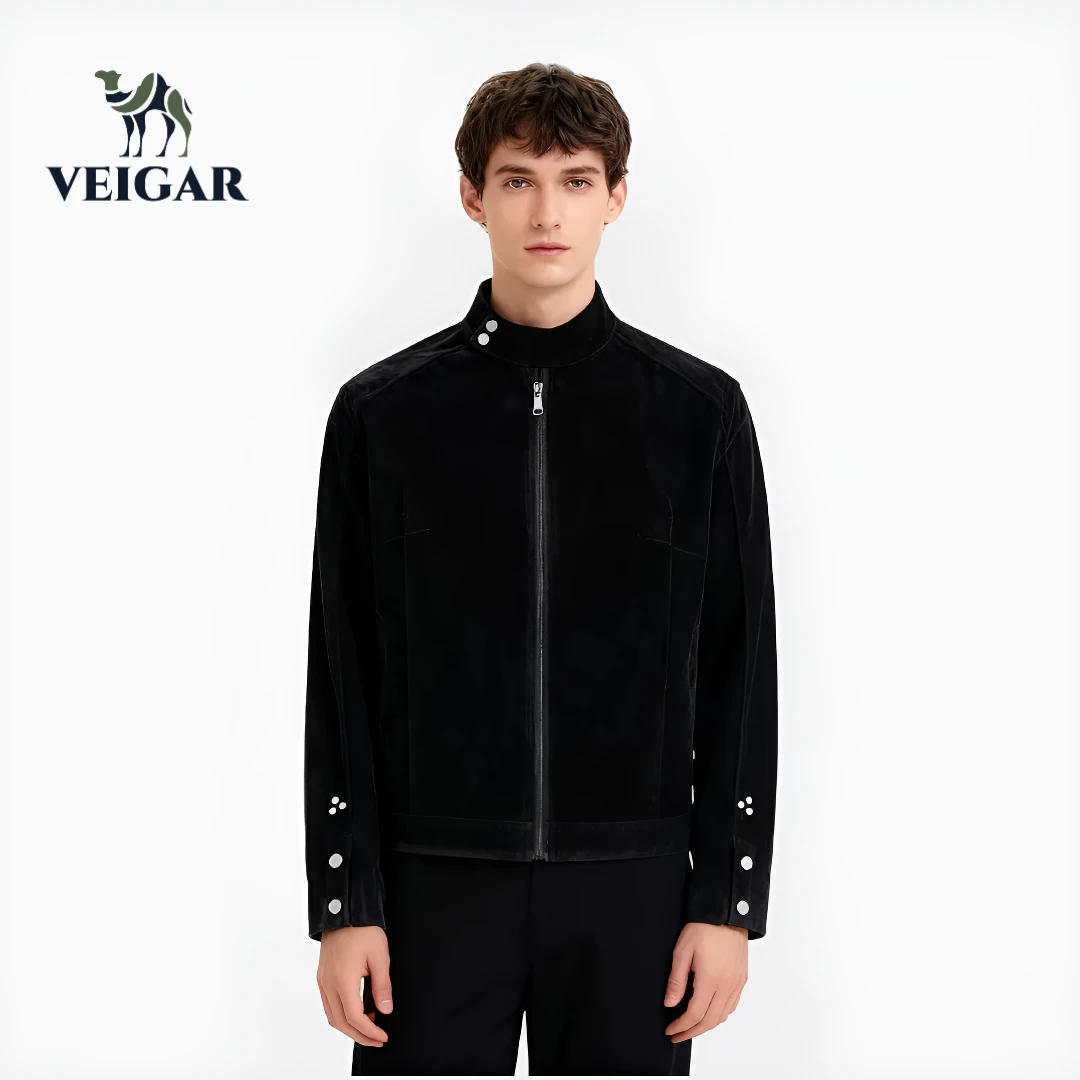 VEIGAR秋季新款摩登年代美式复古绒皮硬挺版型立领哈灵顿夹克外套