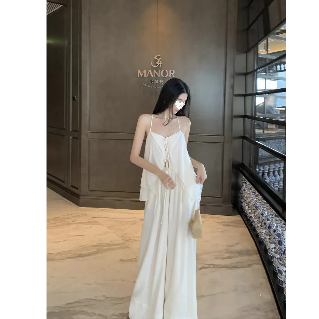 夏季度假慵懒风休闲性感露背吊带背心+高腰阔腿裤休闲裤套装1274