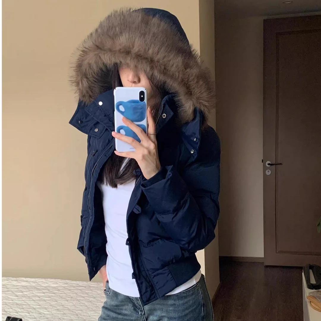 美式藏青色大毛领棉服女冬季网红款新款女款冬装棉袄女反季清仓