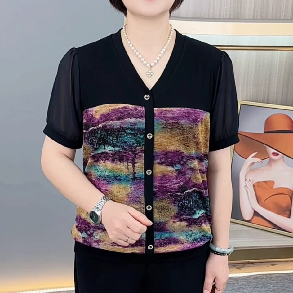 夏季新款时尚V领中老年气质妈妈装休闲百搭弹力显瘦短袖上衣H269
