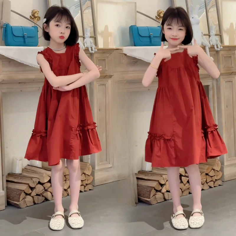 女童连衣裙夏季红色裙子2025新款长裙儿童背心裙中大童夏装公主裙