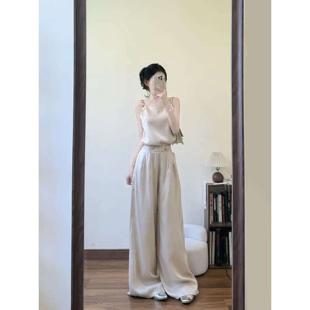 2025夏季新款法式松驰设计感无袖轻奢背心上衣女阔腿裤气质两件套