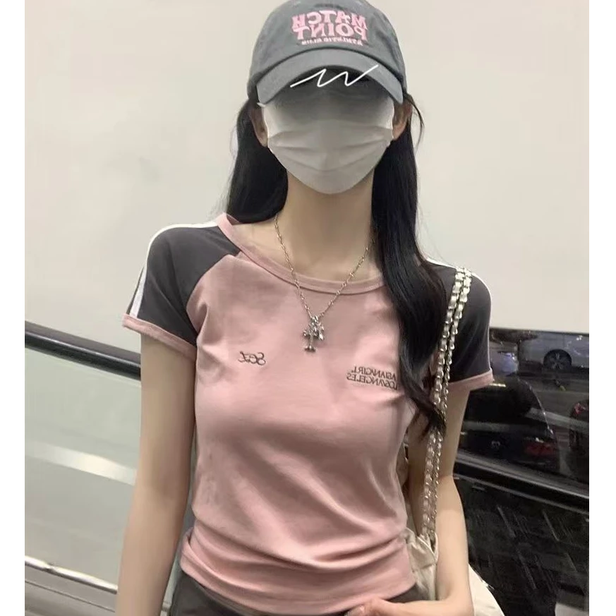 短款短袖T恤简约修身圆领短袖运动套装小众圆领显瘦夏季针织