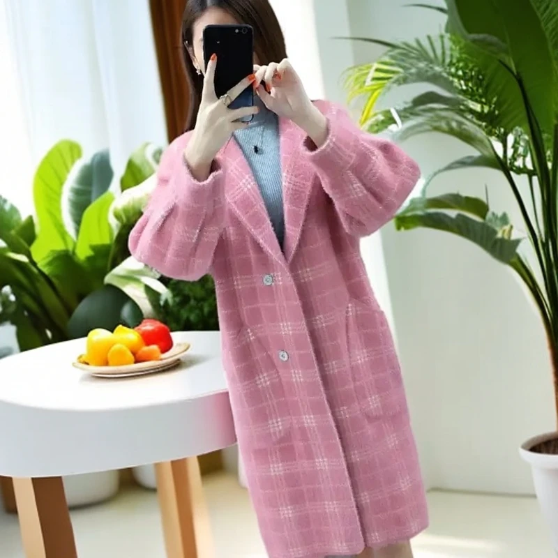 加厚水貂绒外套女中长款韩版毛呢大衣百搭针织开衫西装领秋冬新款