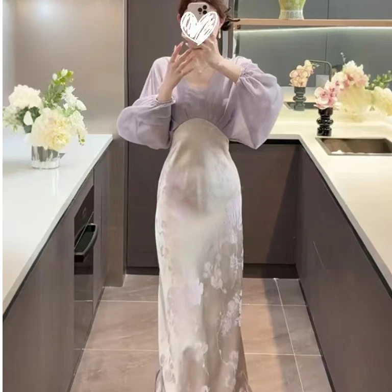紫色新中式禅意风国风仙气连衣裙女2025春季新款优雅气质拼接长裙