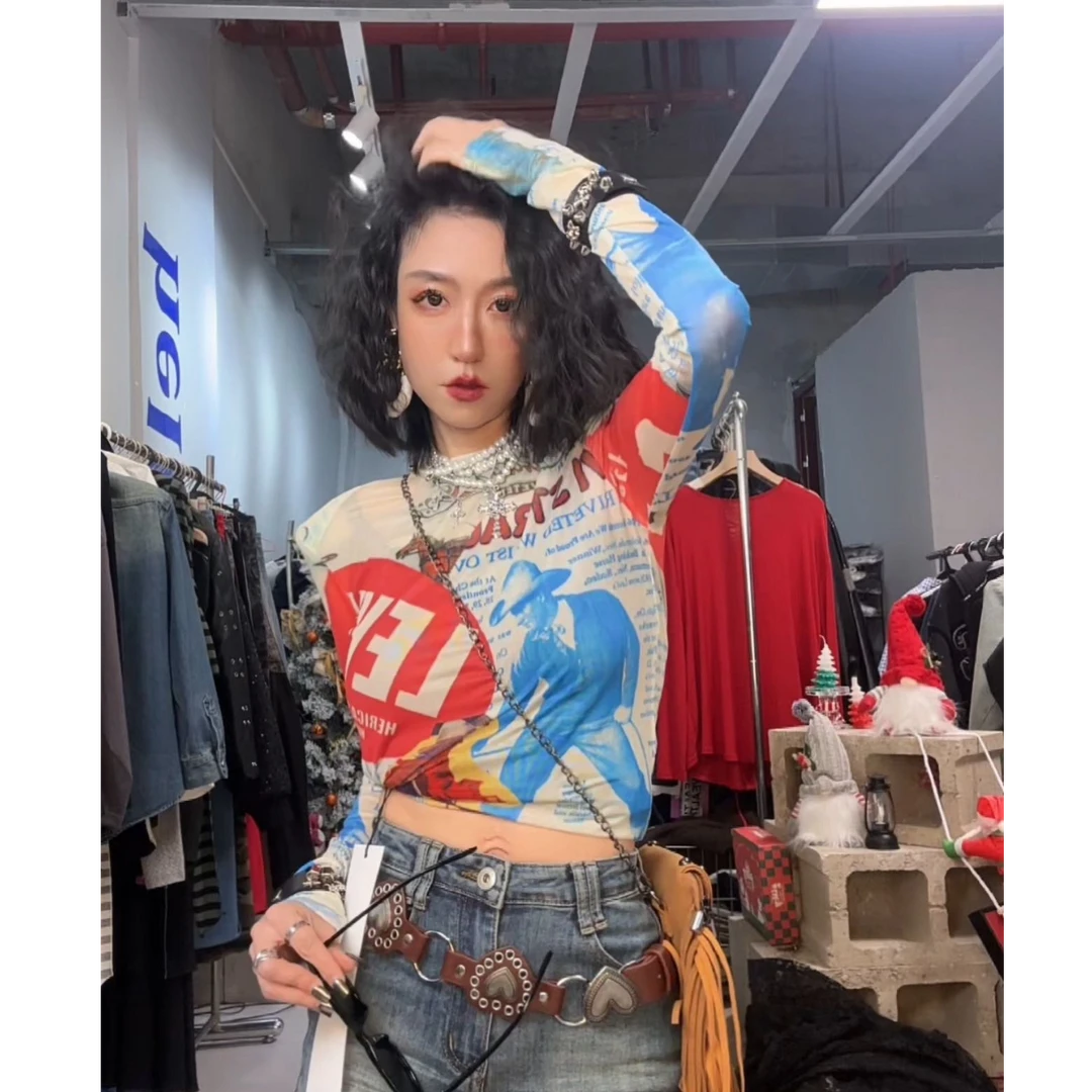 奇奇家 套装 微透西部牛仔网纱T恤防晒衫 蕾丝半身裙SML