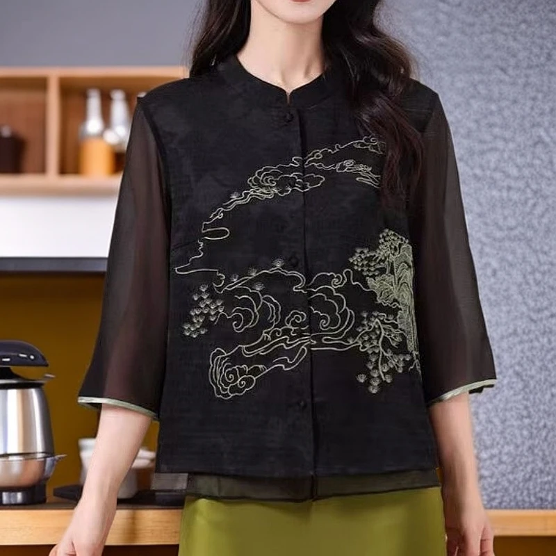 新中式国风刺绣七分袖衬衫女装春夏新款气质显瘦百搭开衫女士上衣