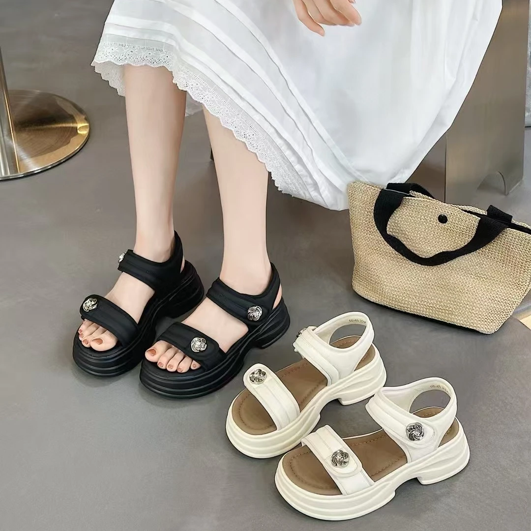 网红超火凉鞋女2025夏季新款魔术贴厚底增高一字带休闲松糕鞋