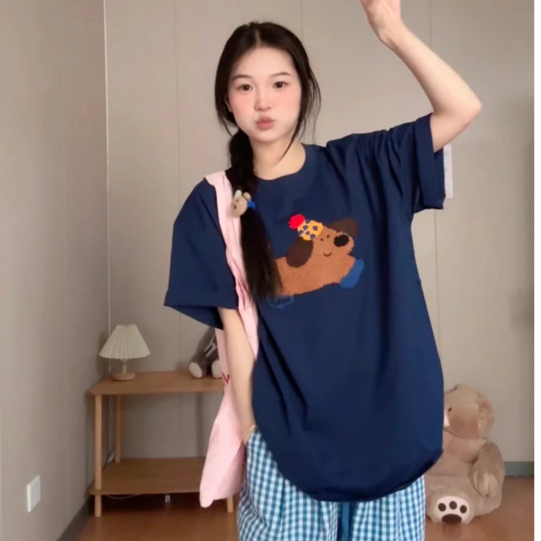2025款宽松百搭T恤韩版设计感可爱趣味毛巾绣纯棉短袖